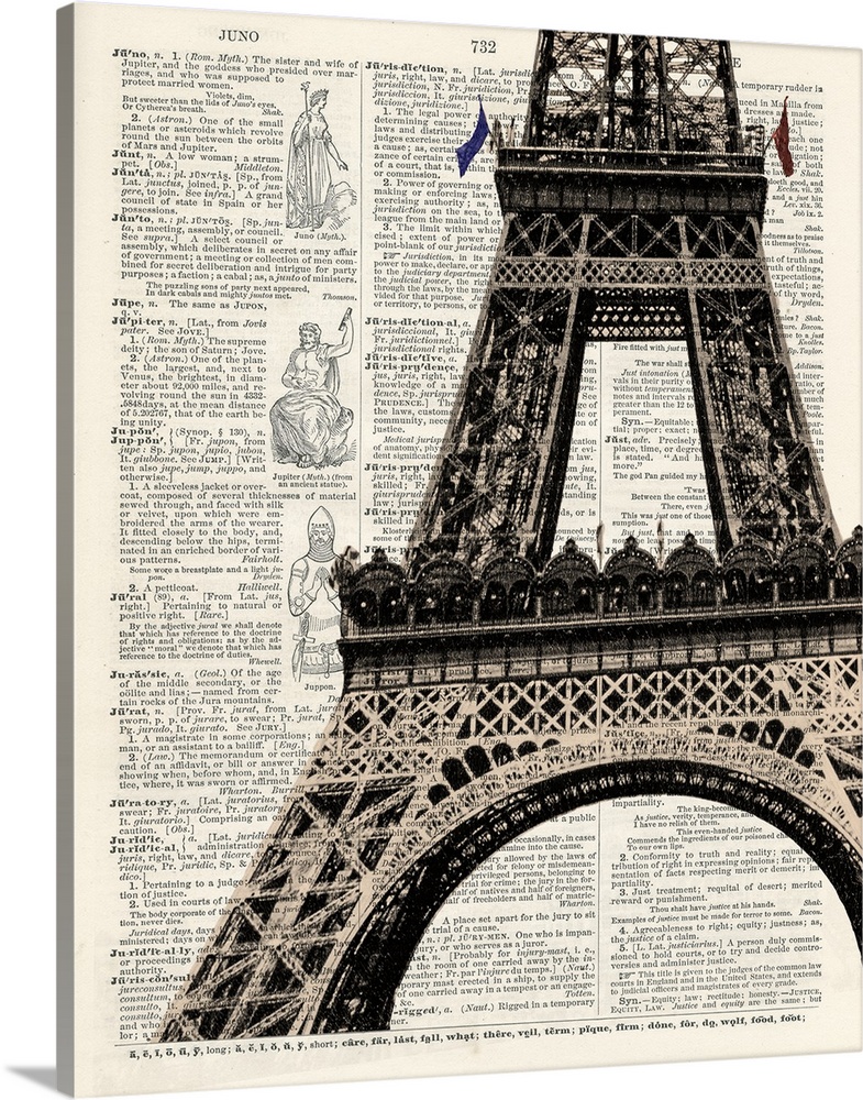 Contemporary artistic use of a page from a dictionary with the Eiffel Tower on top of the text.