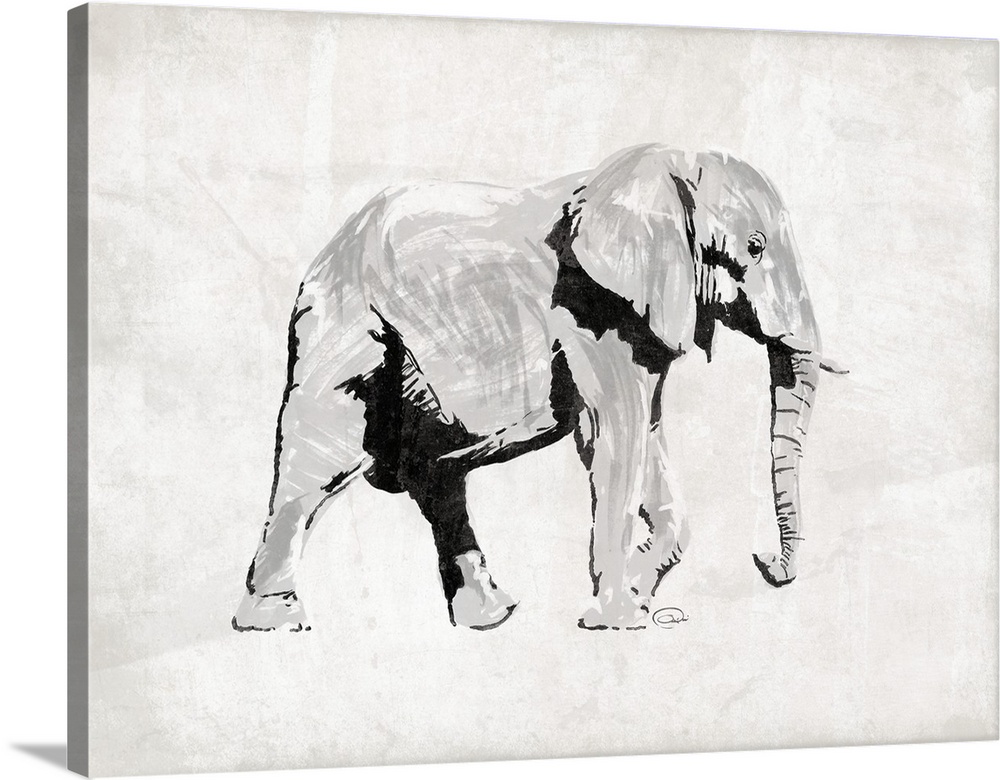 Contemporary illustration elephant facing the right, with left front leg lifted as if about to walk.