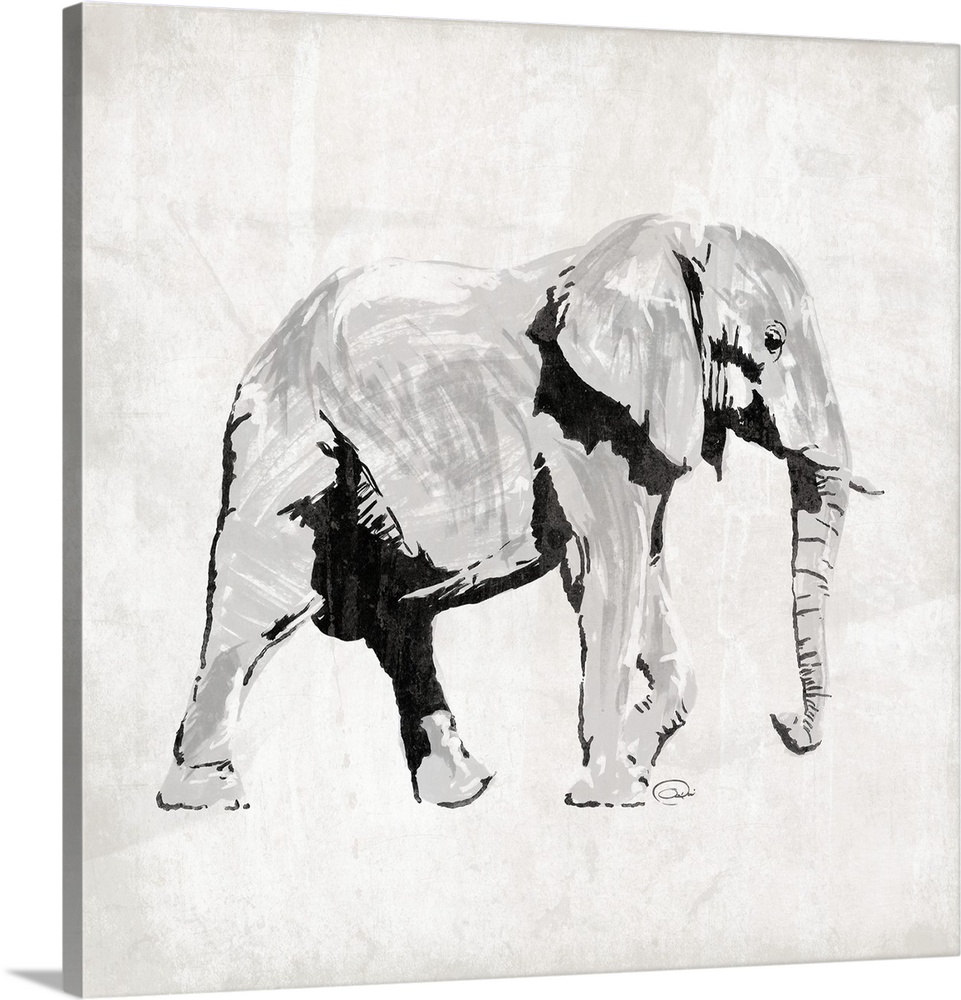 Contemporary piece of artwork with elephant facing the right lifting its left front front leg as if about to walk.