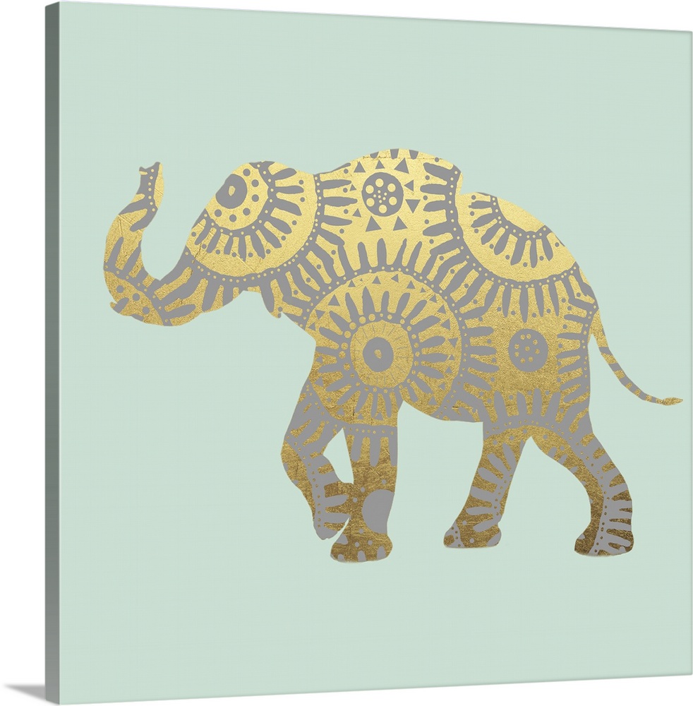 Square illustration of a metallic gold elephant with silver designs on a light green background.