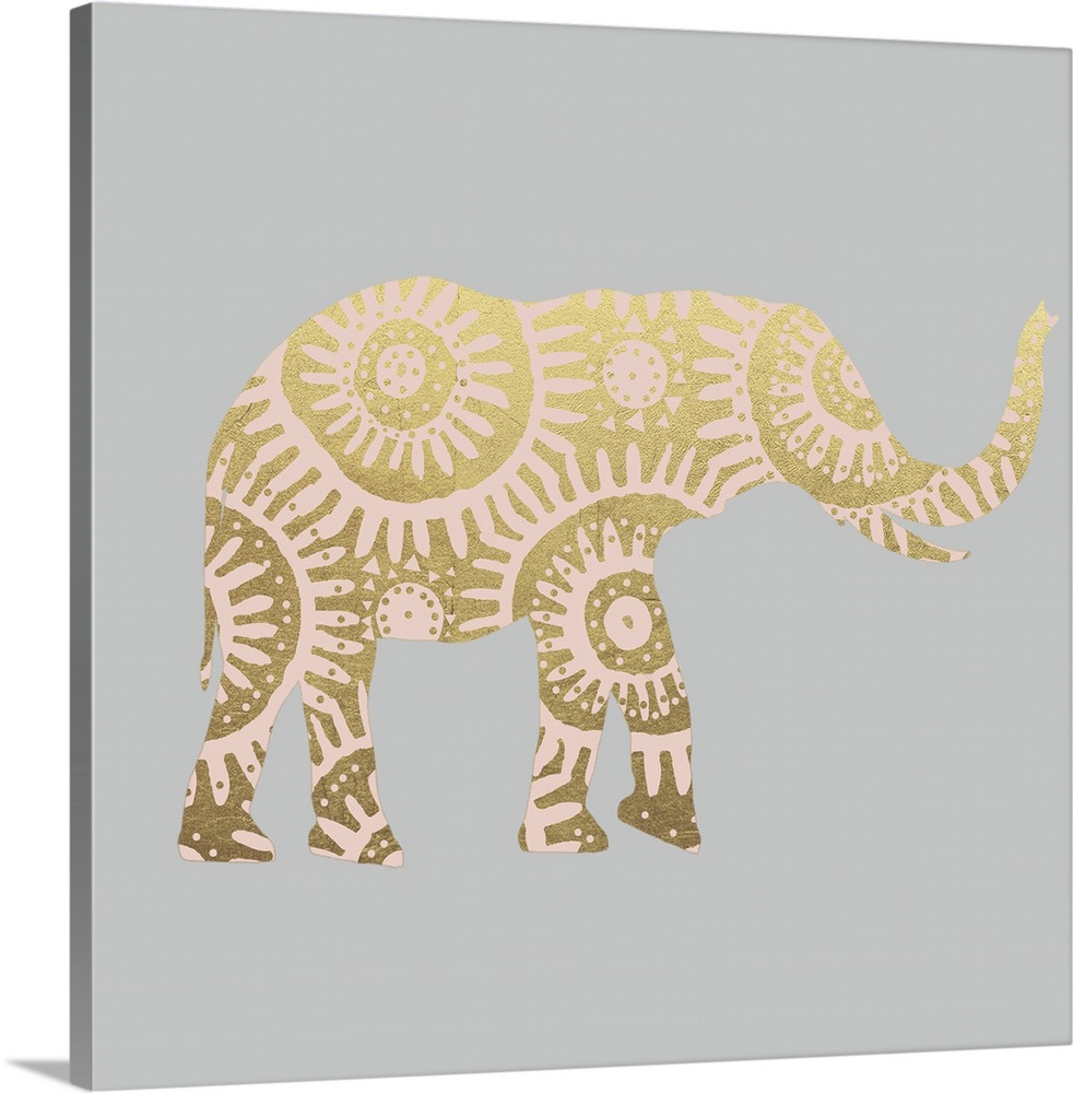 Square illustration of a pink elephant with metallic gold designs on a gray background.