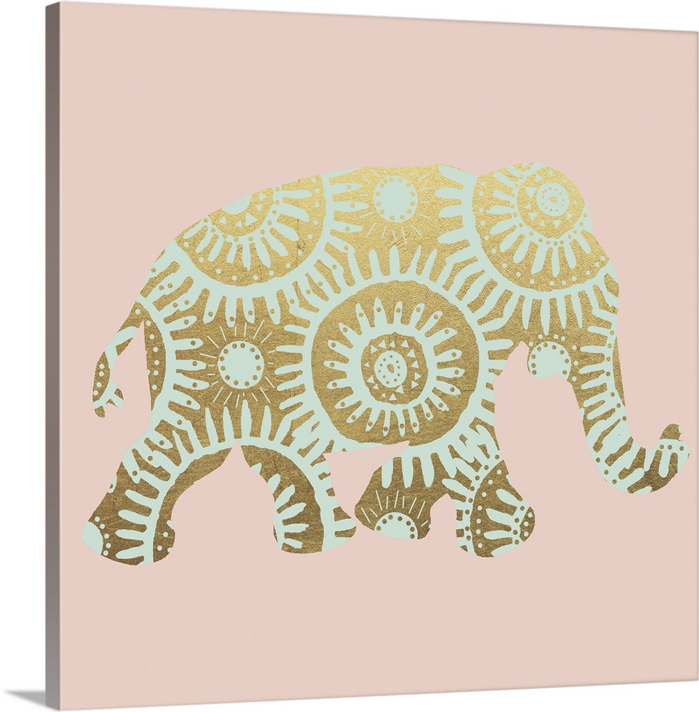 Square illustration of a light green elephant with a metallic gold design on a light pink background.