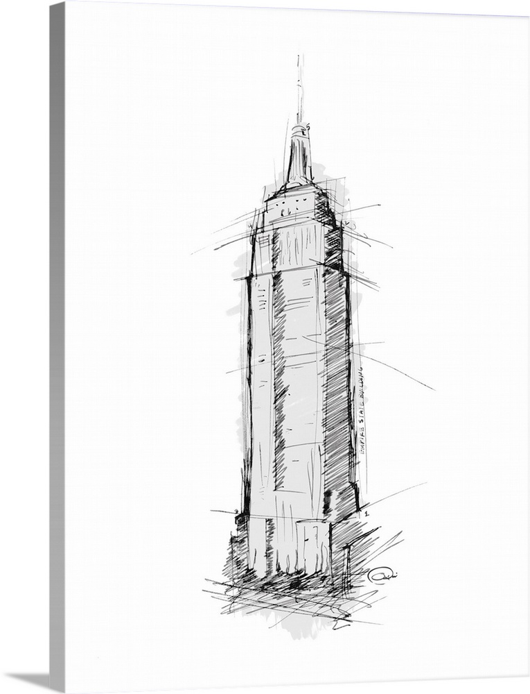 Sketch of the Empire State Building against a flat white background.