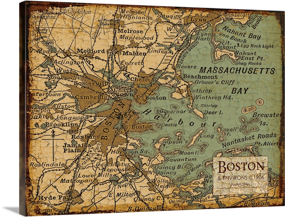 Rustic contemporary art map of Boston districts, in earthy tones.
