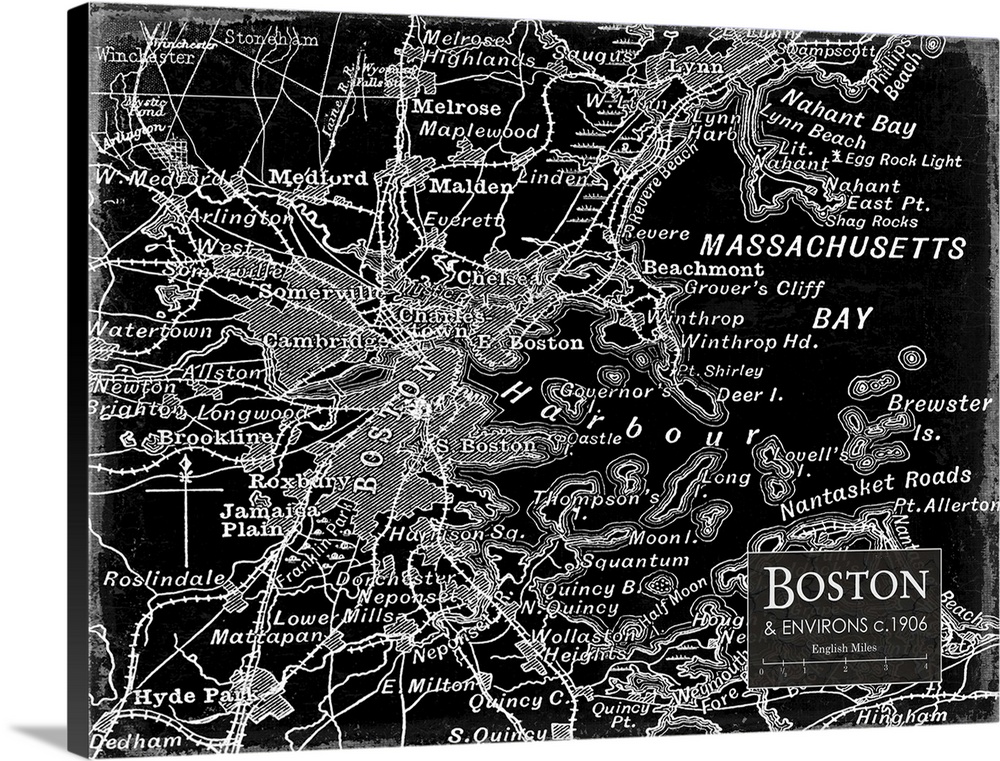 Rustic contemporary art map of Boston districts, in black and white.