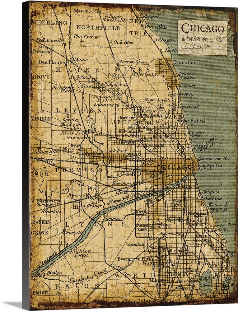 Rustic contemporary art map of Chicago districts, in earthy tones.