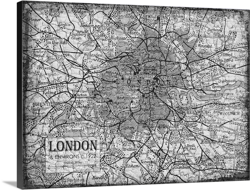 Rustic contemporary art map of London districts, in black and white.