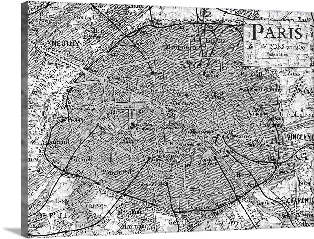 Rustic contemporary art map of Paris districts, in black and white.