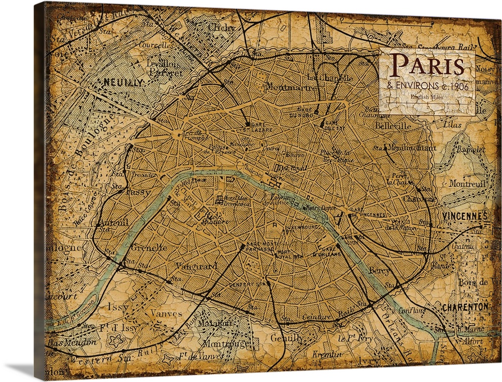 Rustic contemporary art map of Paris districts, in earthy tones