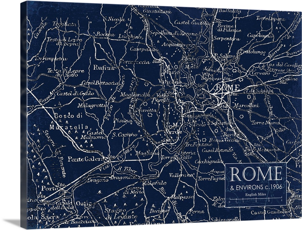Rustic contemporary art map of Rome districts, in cool tones.