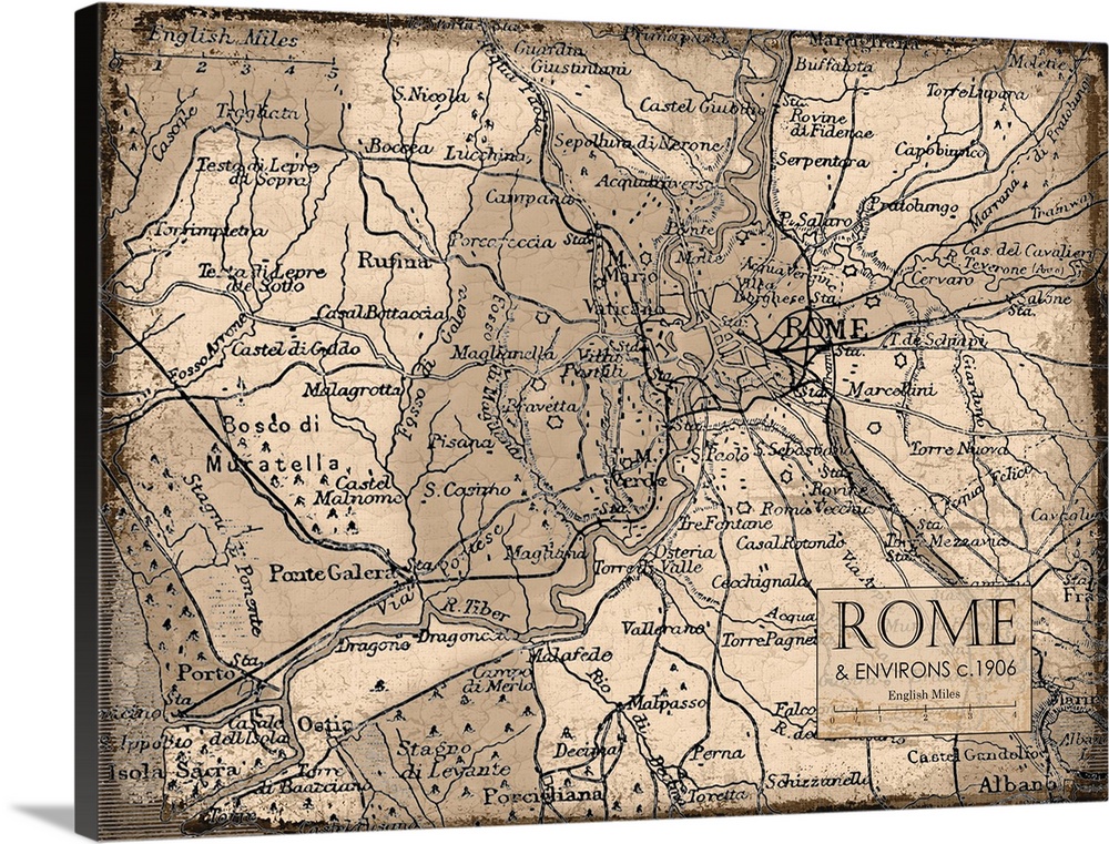 Rustic contemporary art map of Rome districts, in warm tones.