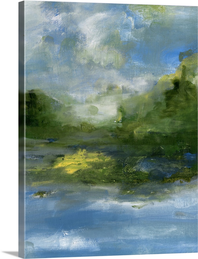 Contemporary landscape painting of a lake with verdant hills and a cloudy sky.