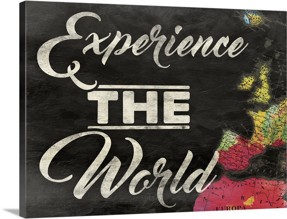 "Experience the World" painted on a chalkboard background with a colorful map on the right side.