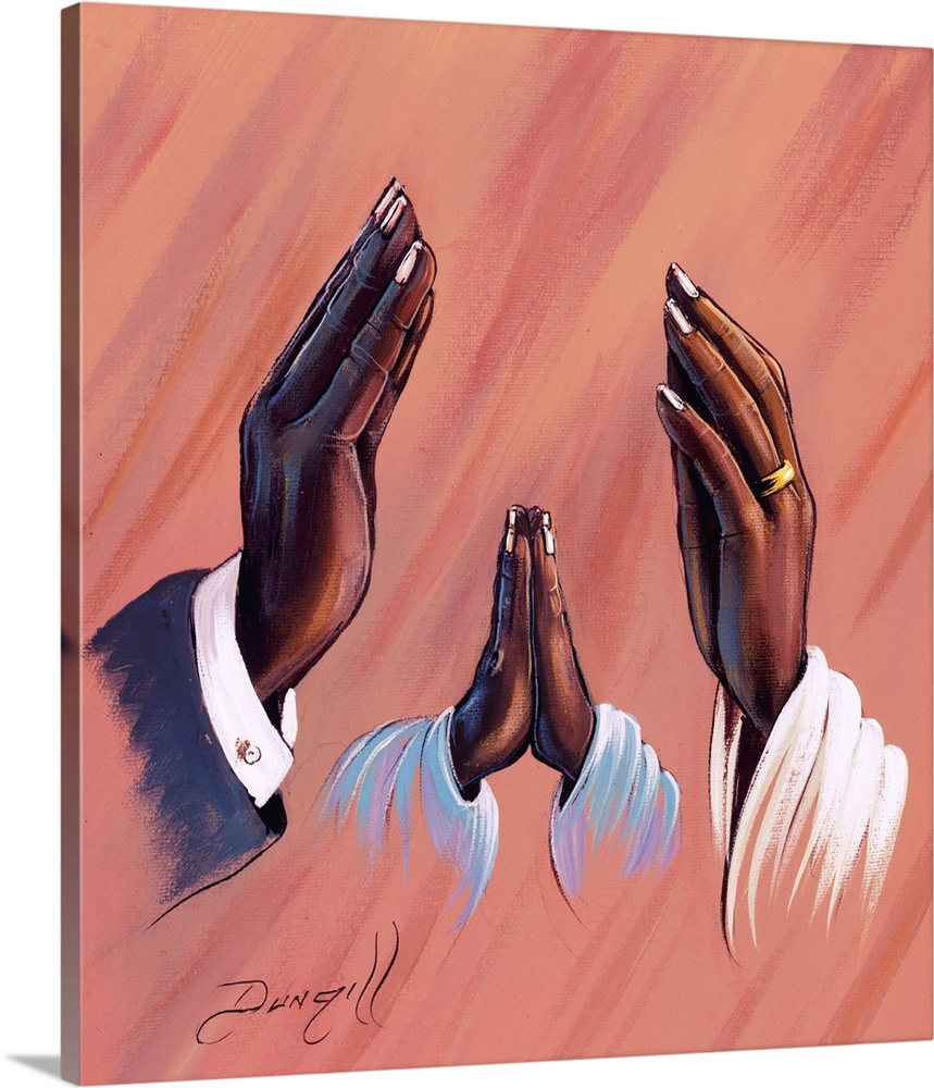 Contemporary African painting of three pairs of hands, a father, mother, and child, raised in prayer.