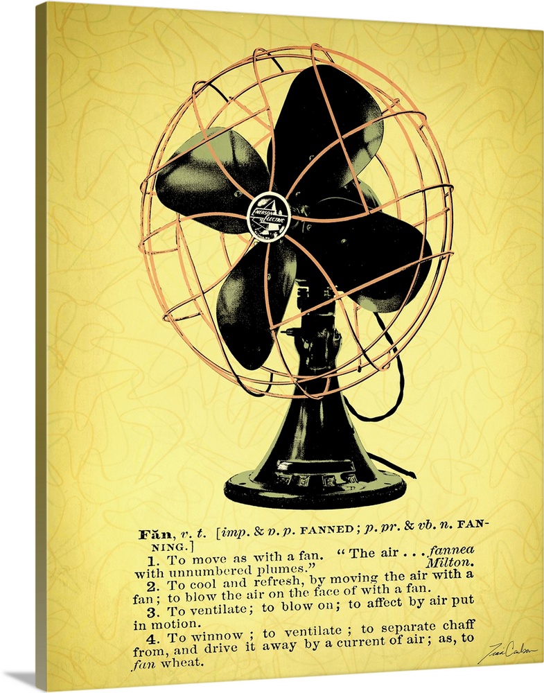 Retro-style illustration of a desk fan with the dictionary definition below the image.