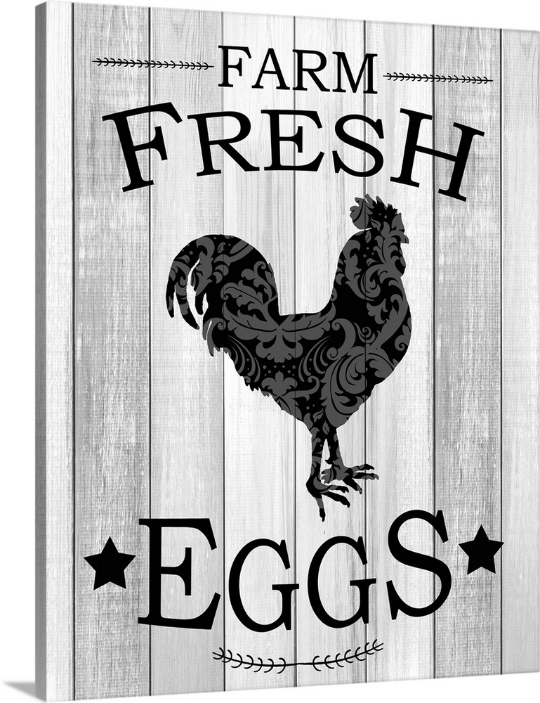 "Farm Fresh Eggs" with a silhouette of a chicken in a paisley pattern on gray wooded boards.