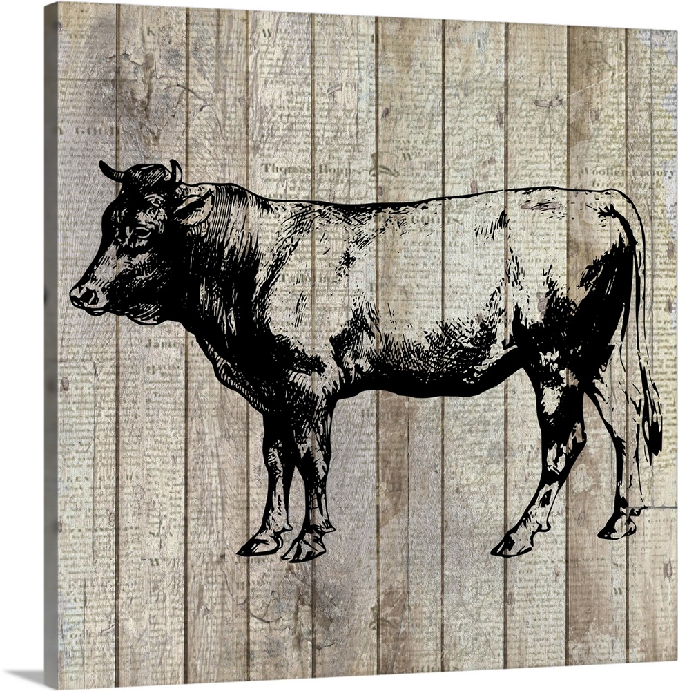 A painting of a cow on an aged wood panel background with a very faint text overlay.