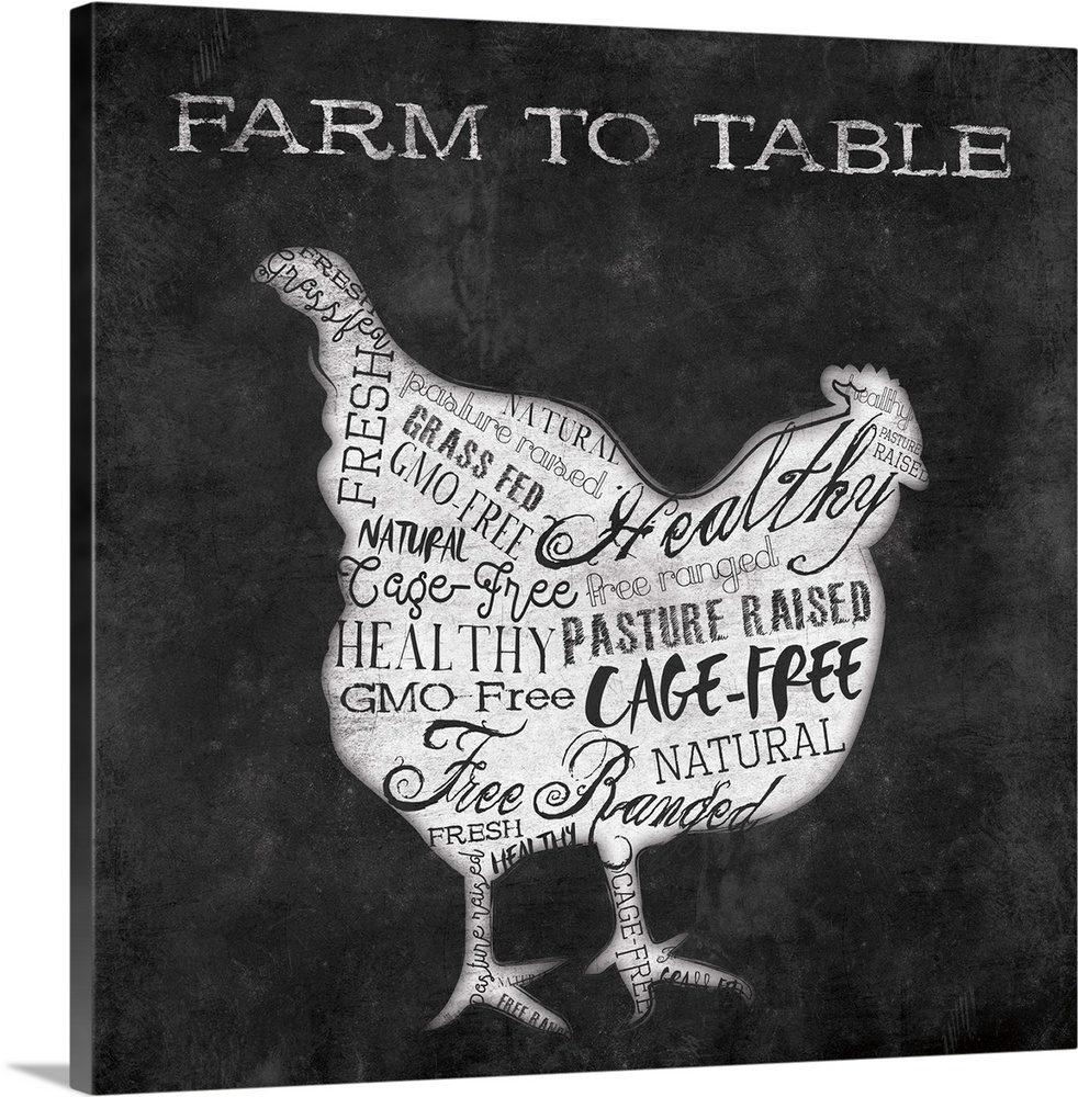 Folksy home decor artwork of a chicken in silhouette with typography in the silhouette.