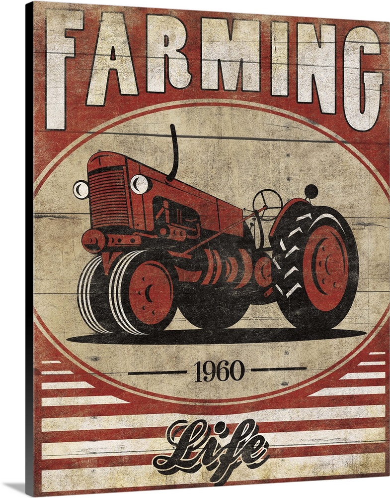 Vintage weathered, rustic looking sign, with a red tractor and the text "Farming" above it.
