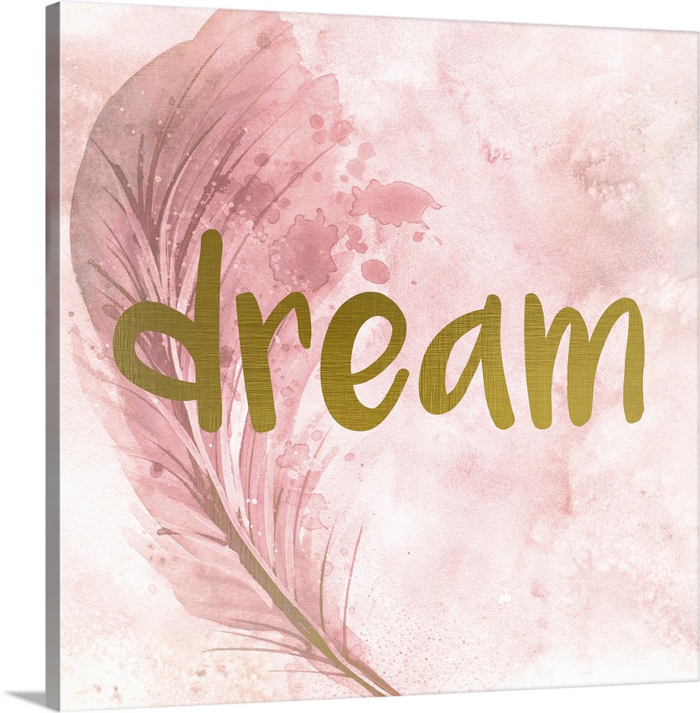 A pink watercolor painting of a feather with the word ?dream? placed on top in gold text.�