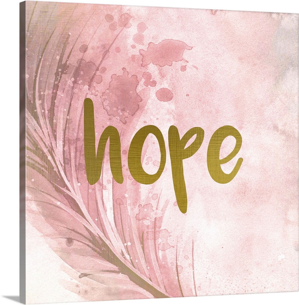 A pink watercolor painting of a feather with the word ?hope? placed on top in gold text.�