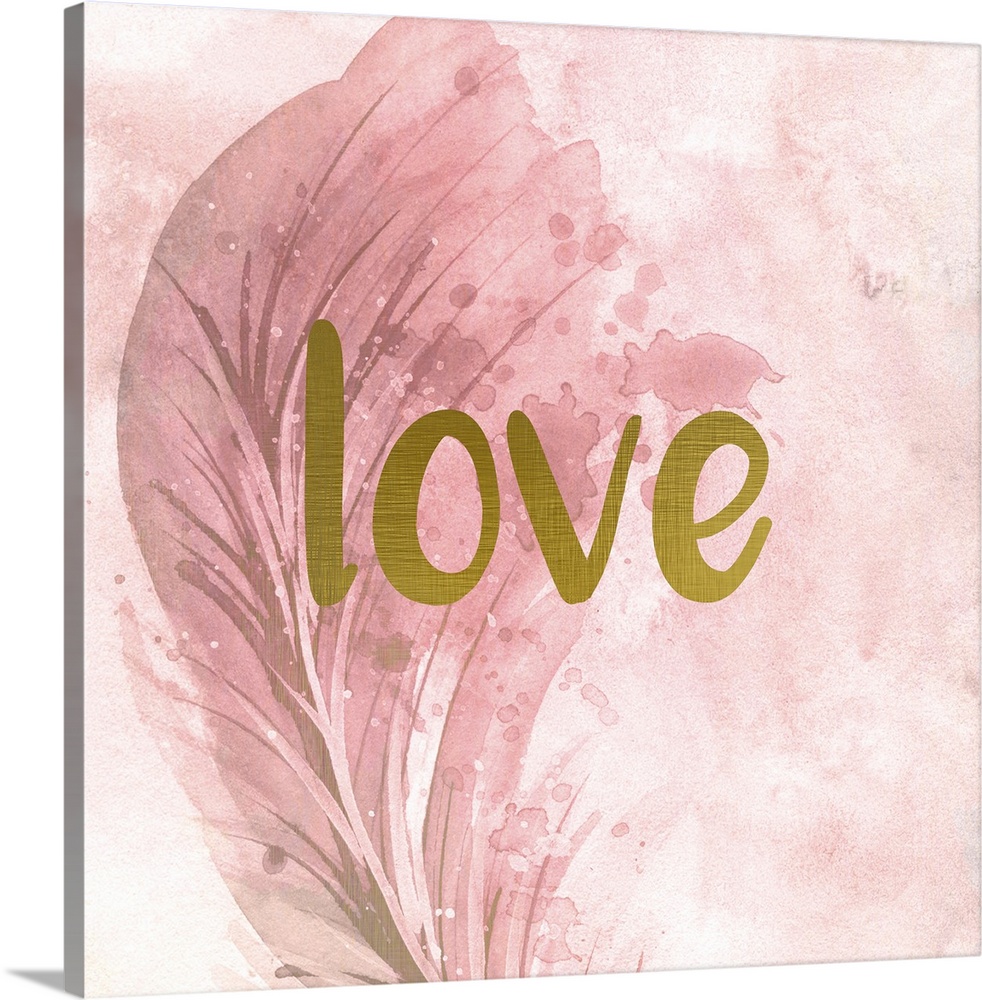 A pink watercolor painting of a feather with the word ?love? placed on top in gold text.�
