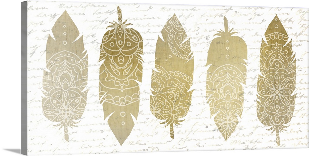 A row of five golden feathers with white Bohemian patterns.
