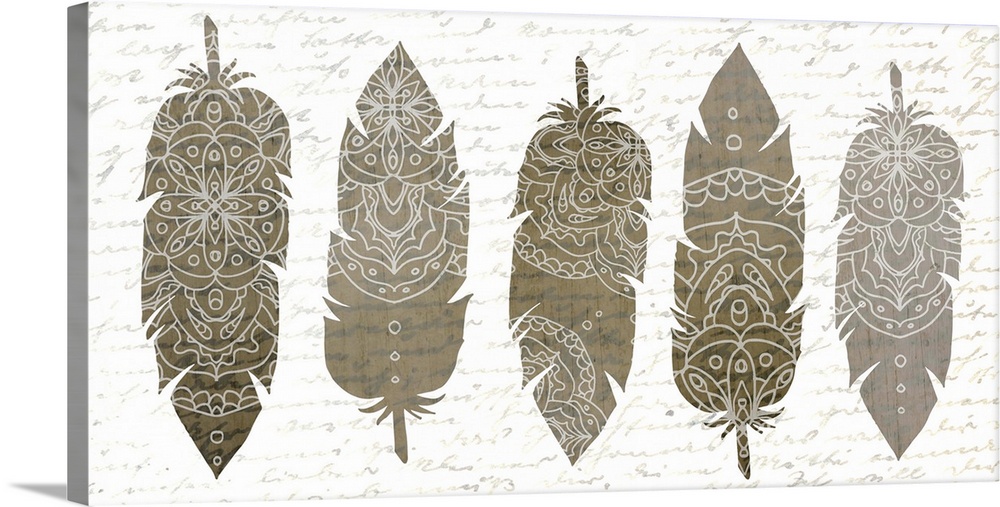 A row of five silver feathers with white Bohemian patterns.