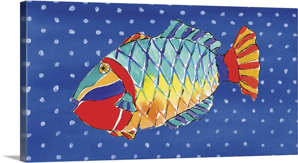 Contemporary piece of art of tropical fish against a polka dot background.