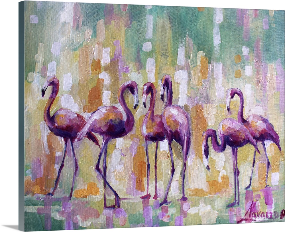 Contemporary painting of flamingos against a colorful abstract background.