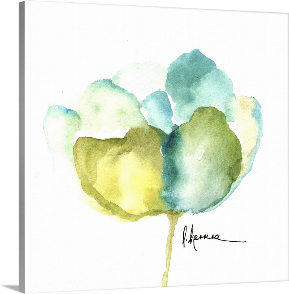 Watercolor painting of a poppy flower in blue and green shades.