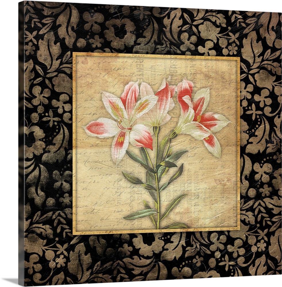 Flower on weathered background, surrounded by floral pattern.