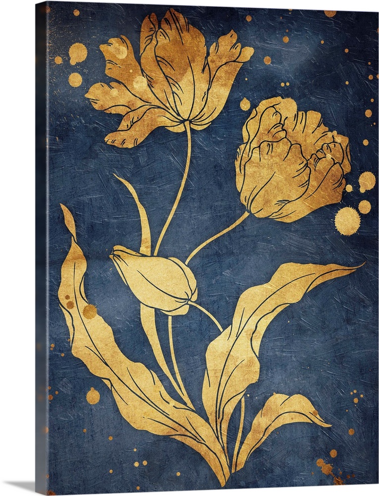 Gold tone tulips illustrated on a navy blue background.