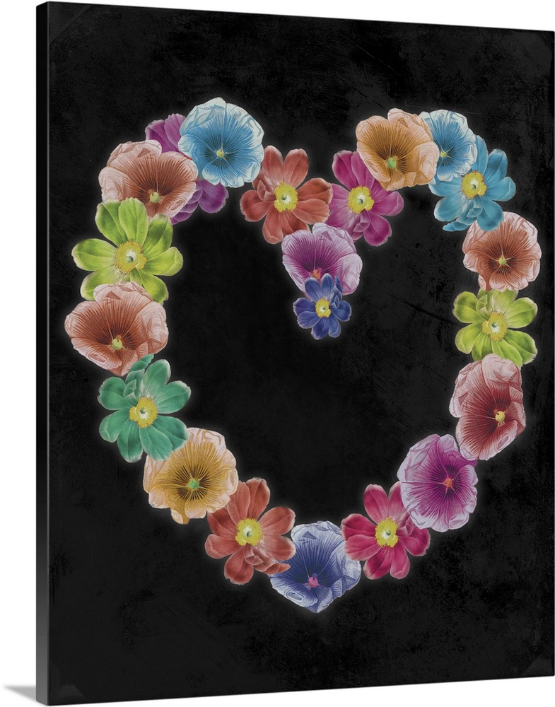 Artwork of wreath in the shape of a heart made of tropical flowers, against a black background.