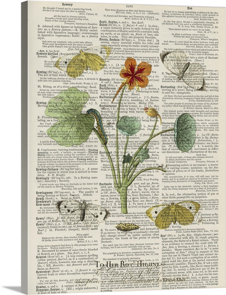 Vintage style artwork of dictionary page with a flower in the center of the image. With butterflies hovering around.