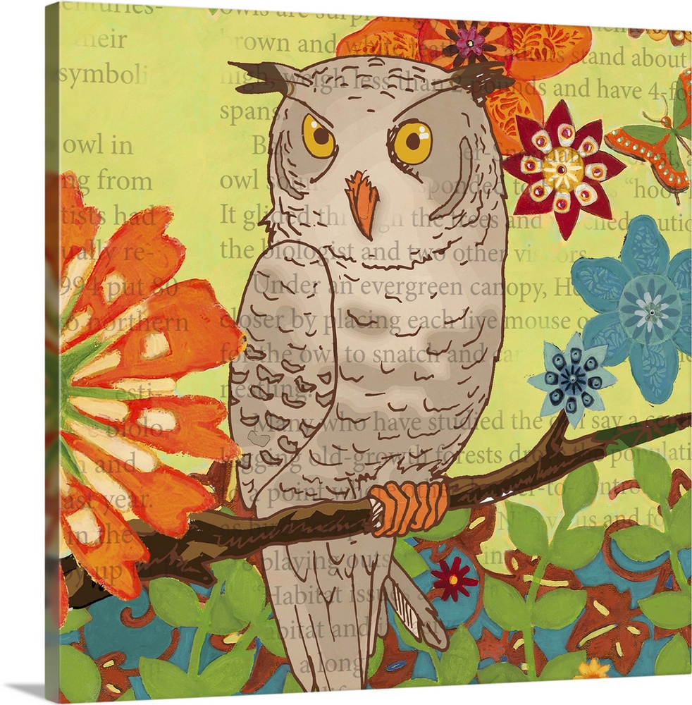 Illustrative owl perched on a tree branch, with colorful flowers hovering in the background.