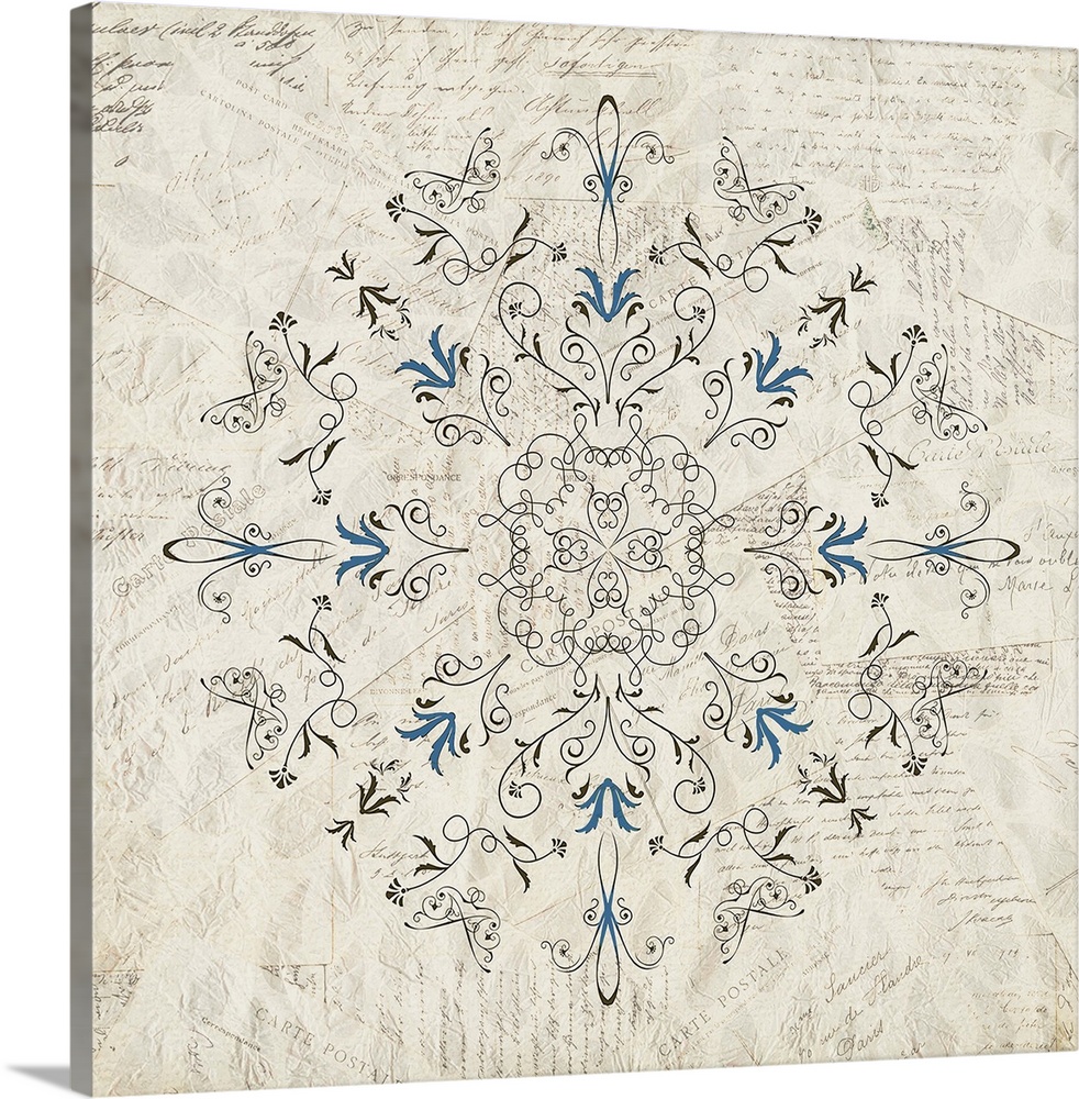 A black and blue symmetric design painted on a collage of old, handwritten postcards.