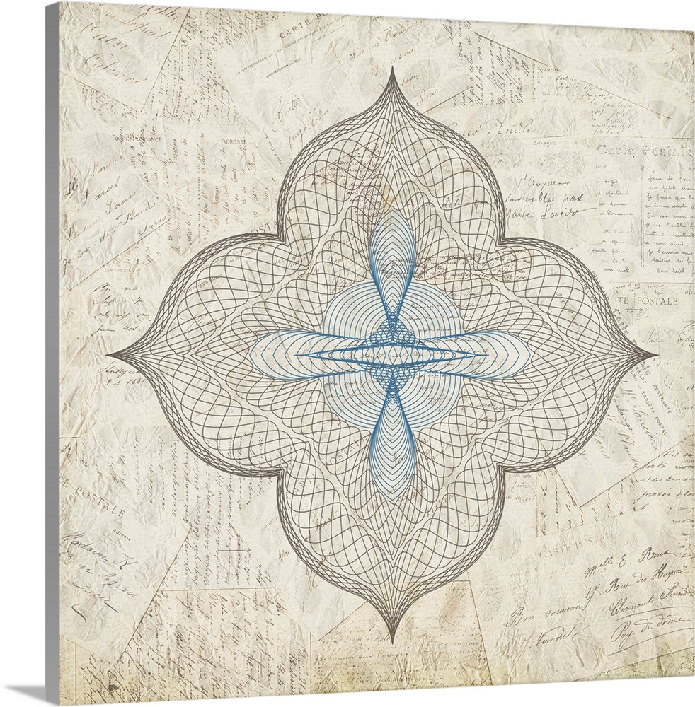 A black and blue symmetric design painted on a collage of old, handwritten postcards.