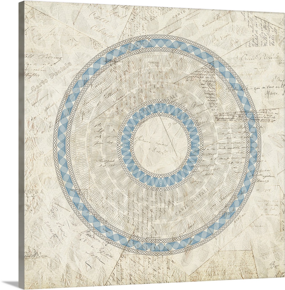 A blue and gray spiral design placed on top of vintage handwritten postcards.