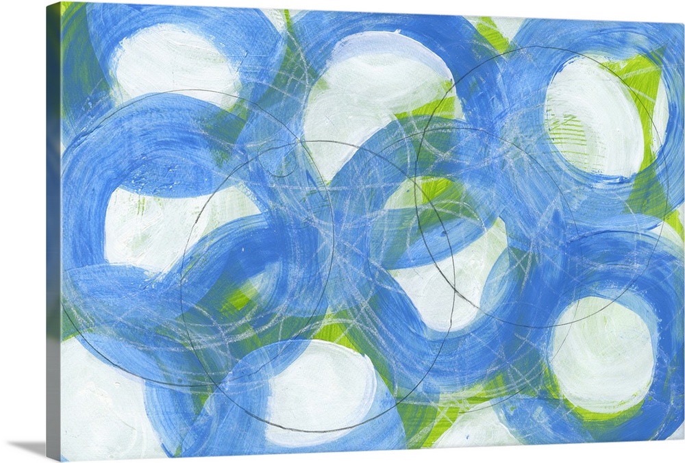 Contemporary abstract artwork made of several large rings in blue tones.