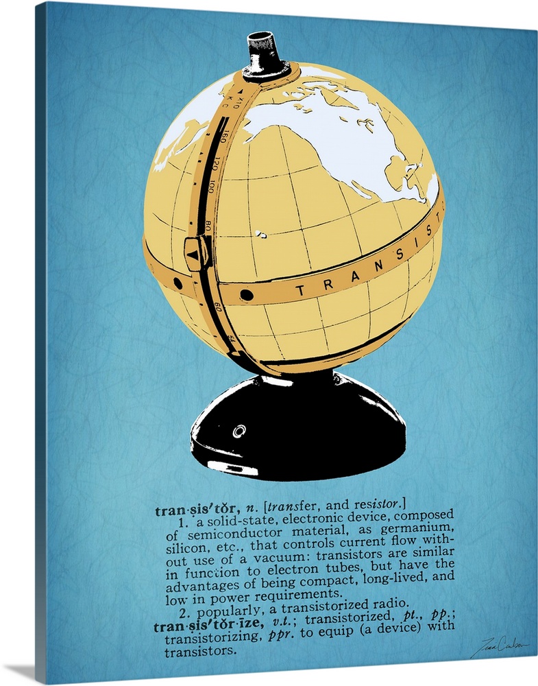 Retro-style illustration of a globe radio with the dictionary definition below the image.