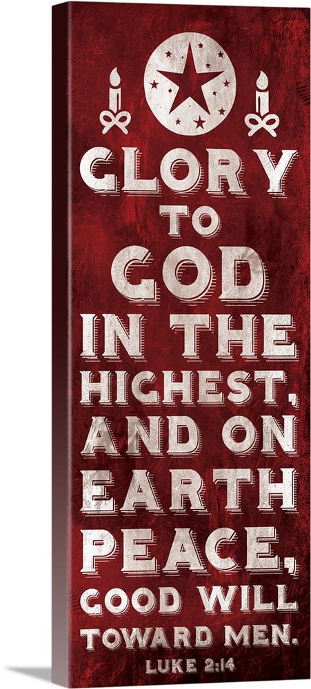 Vertical Christmas themed typography art of the Bible verse Luke 2:14 in white text on red.