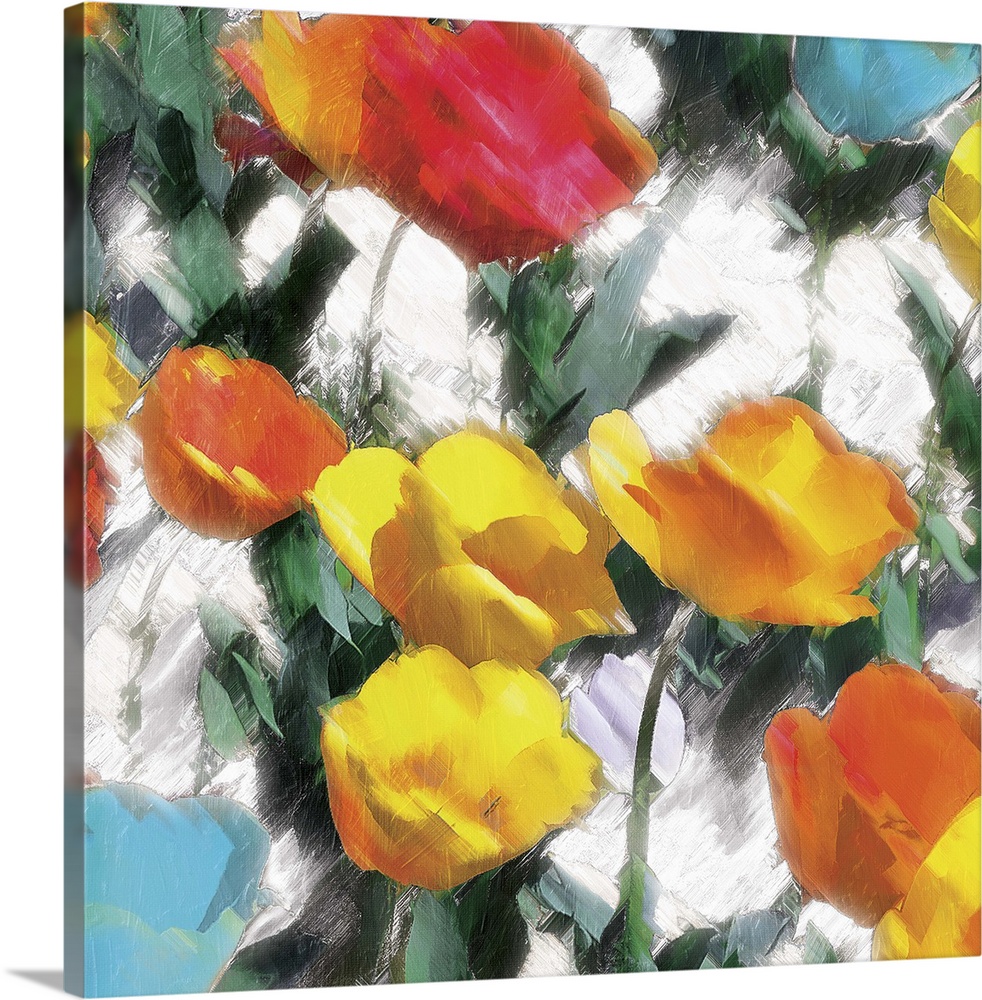 A bright and colorful abstract painting of yellow, orange, red, and blue flowers on a white background.