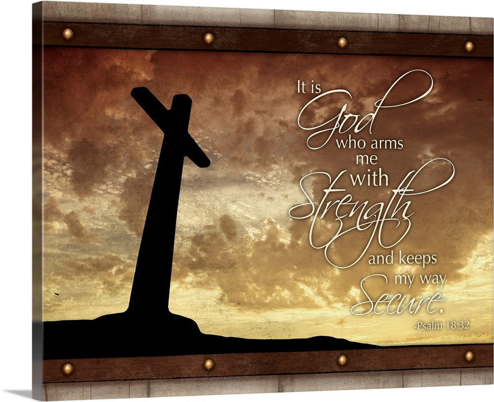 Scripture art with the silhouette of a giant cross in the background, against a sunset sky