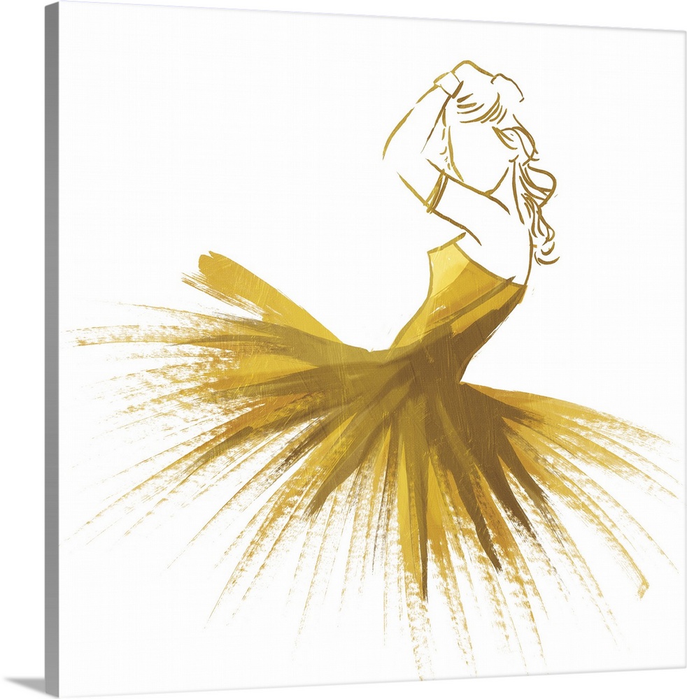 Gold illustration of a woman wearing a yellow and gold dress.