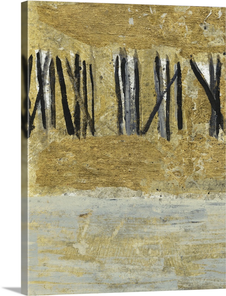 Abstract painting using textured gold and dark bold lines in a fence formation.
