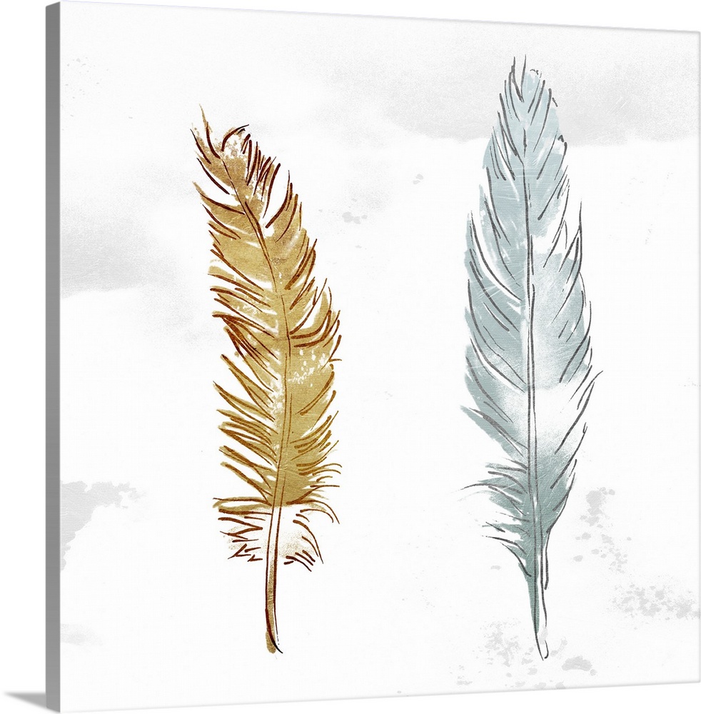 A painting of two feathers side by side on a faded white background.