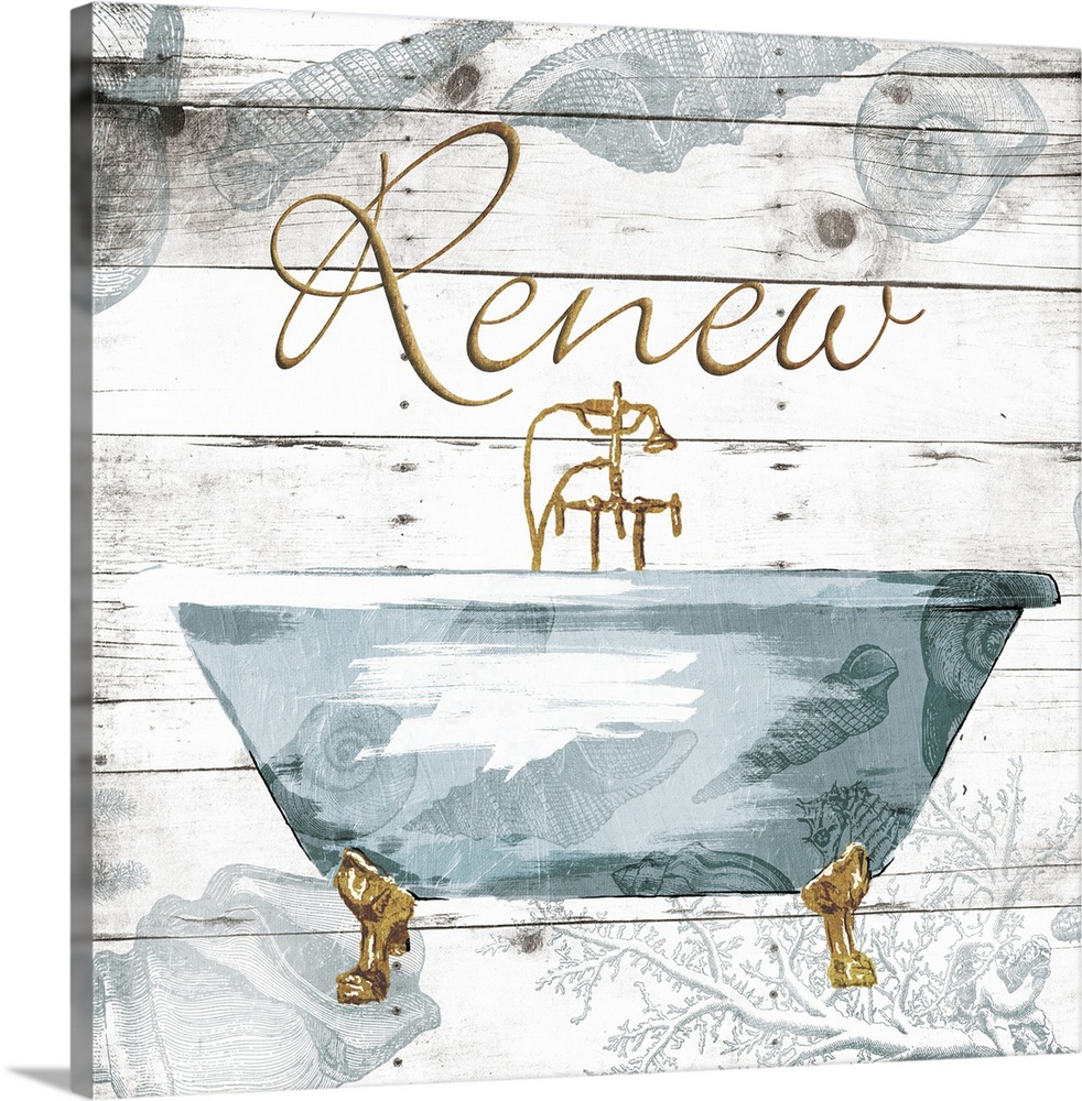 ?Renew? painted in gold with a blue claw foot tub on a white wood panel background with a seashell overlay.�