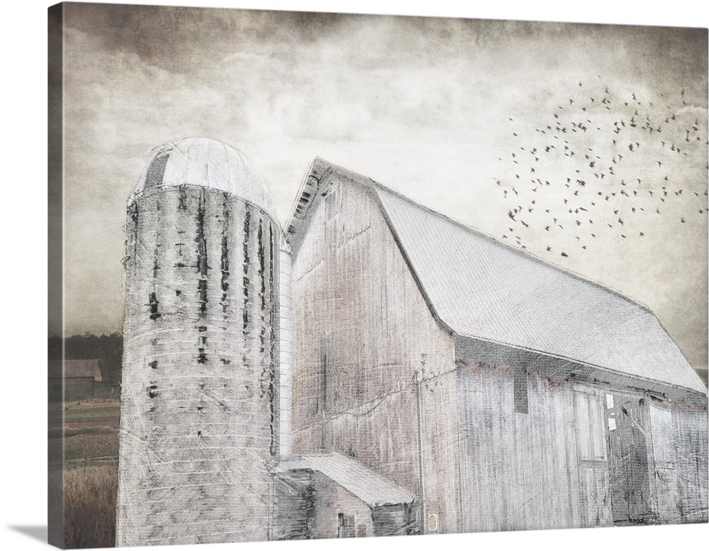 An image in shades of gray of a barn with a flock of birds above with a textured overlay.