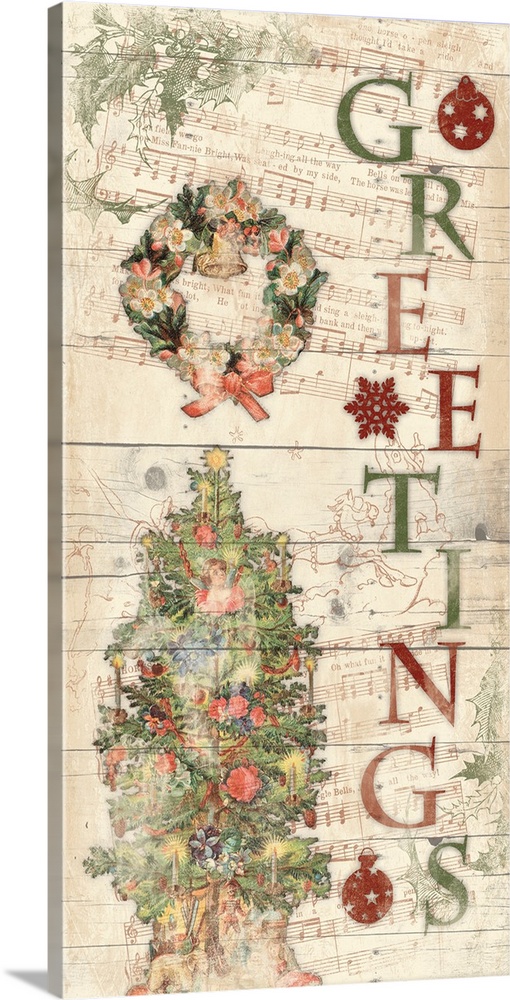Vertical artwork of the word "Greetings" spelled vertically with a wreath and Christmas tree to the left. Against wood loo...